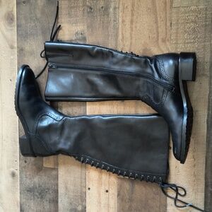 Franco Sarto  Black Leather Lace Back Knee High Riding Boots Sz 7.5 Women